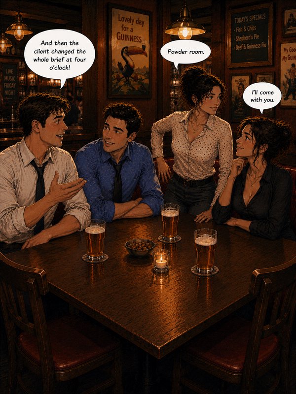 Four friends sit around a dimly lit pub table, engaged in lively conversation.