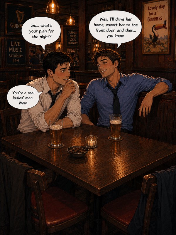 Two men in a dim pub share a playful conversation, illustrated with comic bubbles over their heads.