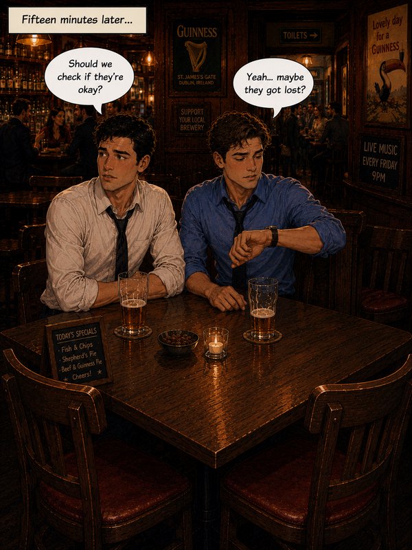 Two men in a dim pub sit at a wooden table with pints, sharing comic-style dialogue about checking on a friend.