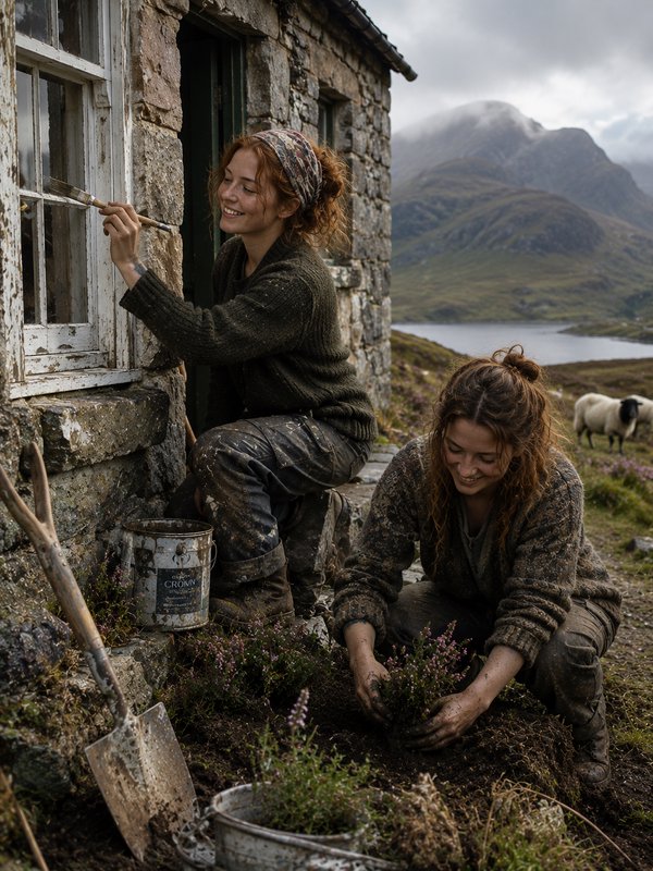 Two women gardening outside a stone cottage in a rugged mountain landscape, planting heather.