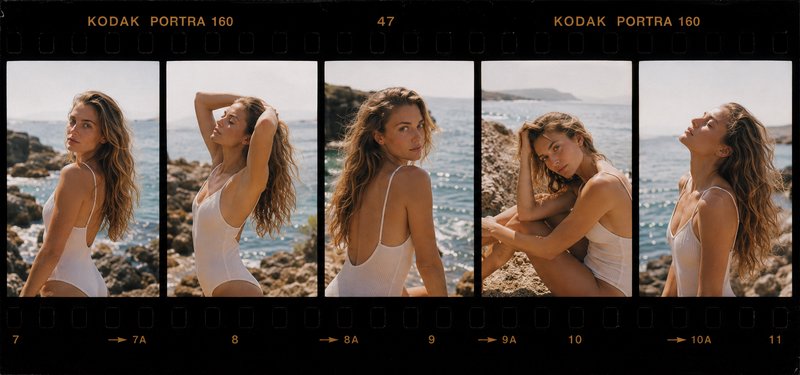 Sequence of five coastal portraits of a woman in a white swimsuit by a rocky shoreline.