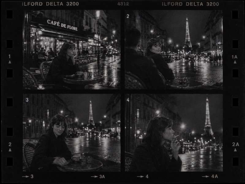 Black-and-white four-panel photo of a woman at a Paris café on a rainy night with the Eiffel Tower in the background.