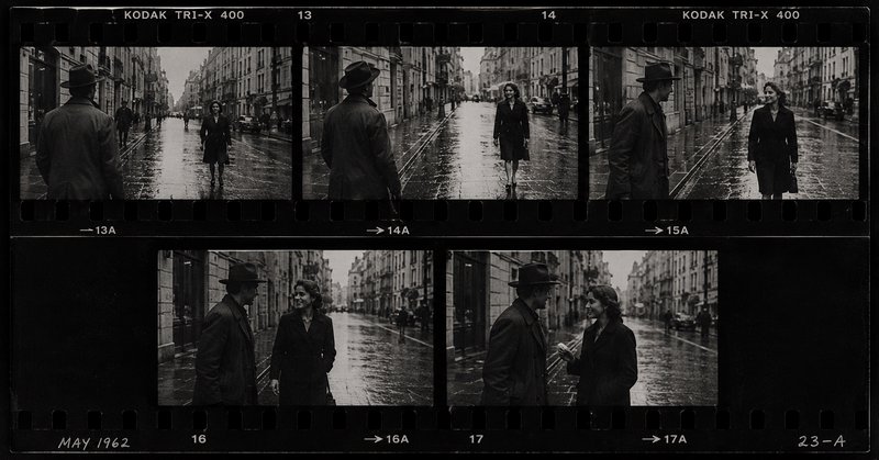 Black-and-white film strip showing a man in a hat and a woman on a rainy city street.