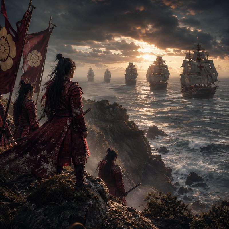 Armored samurai warriors on a rocky coastline watch ancient sailing ships at sunset.