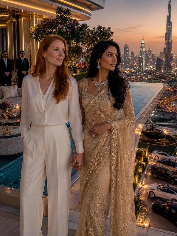 Two stylish women in white pantsuit and champagne saree pose on a rooftop with Dubai skyline at sunset