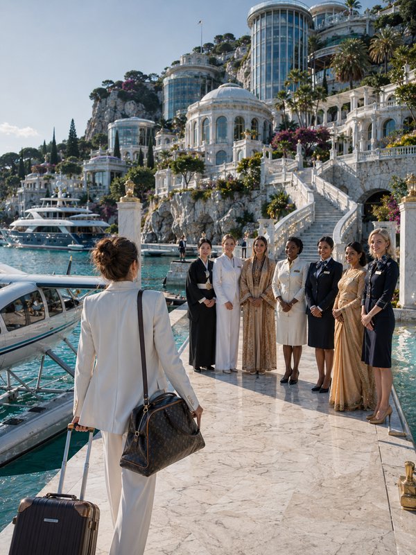 Woman in a white suit arrives at a marble pier meeting luxury hotel staff at a cliffside marina.