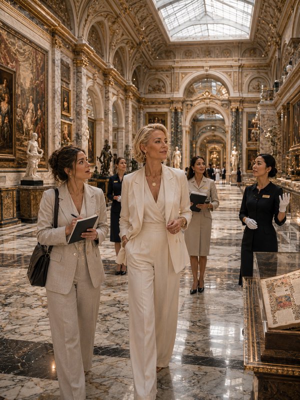 Elegant woman in a cream pantsuit guides a tour through a marble, gilded museum hall.