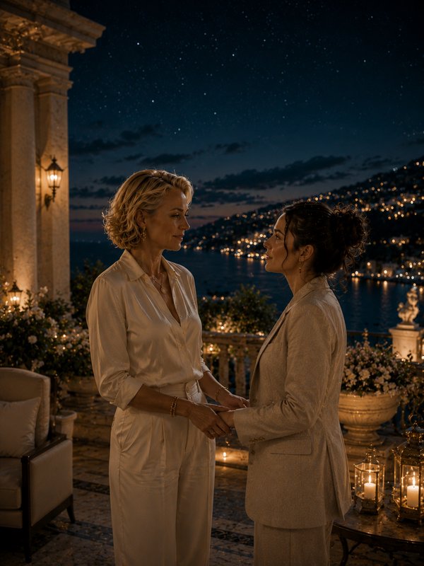 Two women in elegant outfits hold hands on a candlelit seaside terrace at night, with a starry sky and coastal lights in