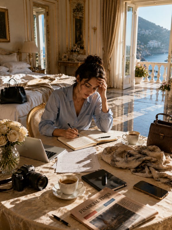 Woman working at a luxurious seaside hotel suite, writing notes at a marble table by a sunny window.
