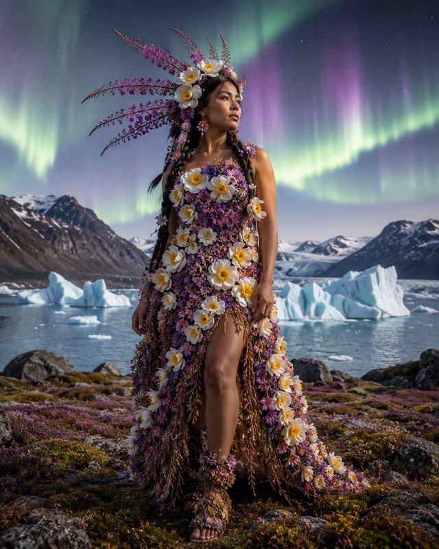 Woman in a floral gown made of daisies stands by a icy shoreline under the northern lights.