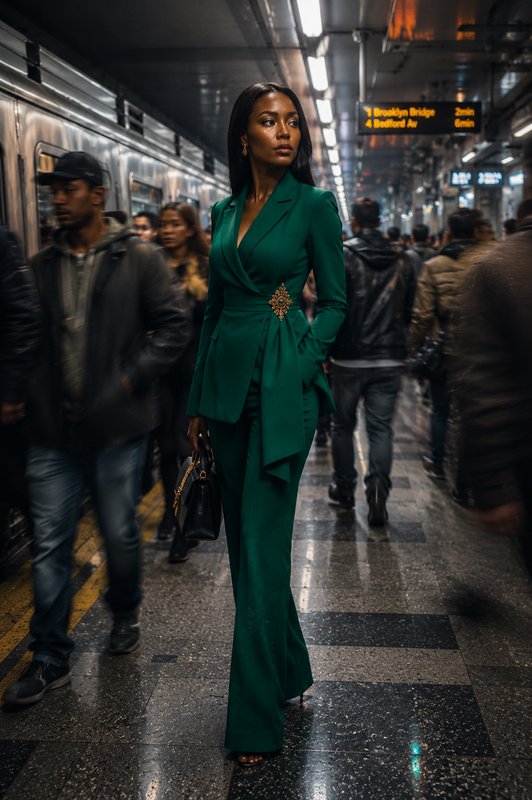 Woman in a bold green tailored suit walking through a crowded subway platform.