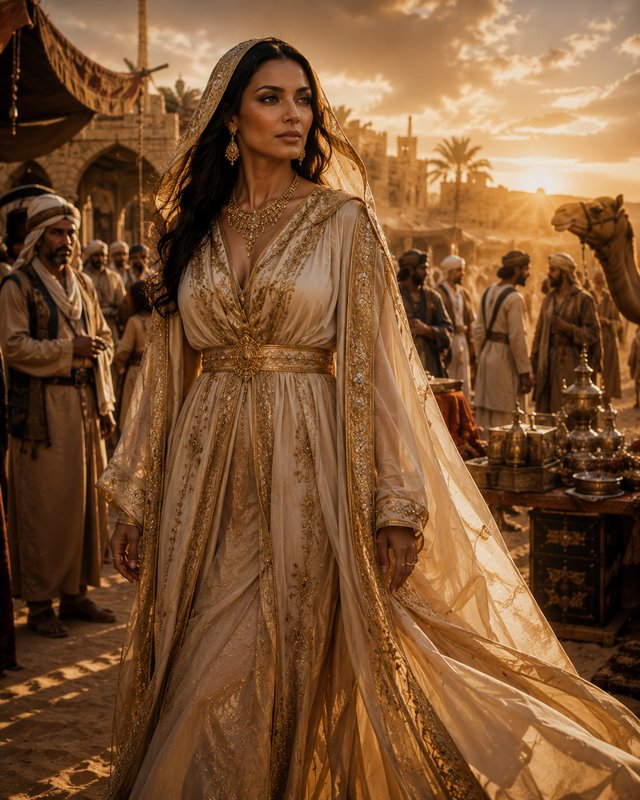 Woman in a gold-embellished beige gown with veil in a desert festival setting at sunset.