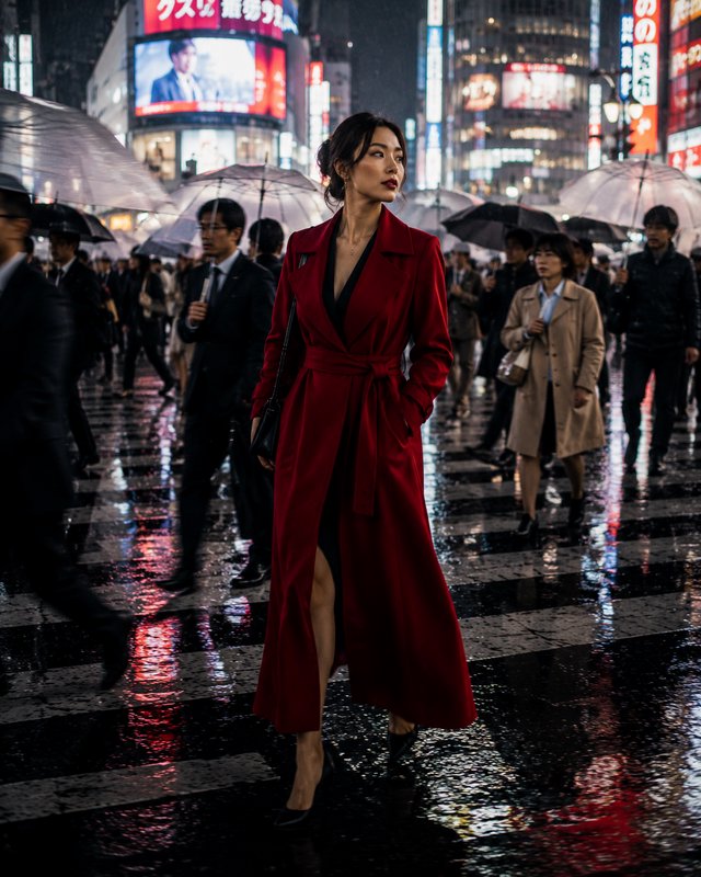 Woman in a red trench coat walks confidently through a rainy neon-lit city street with umbrellas.