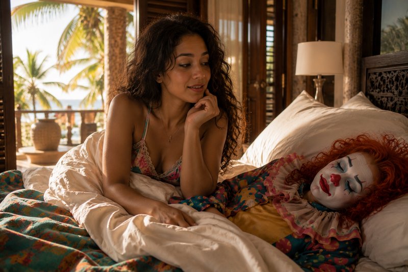 Woman with dark curly hair leaning over a bed, watching a person in clown makeup under a colorful quilt.