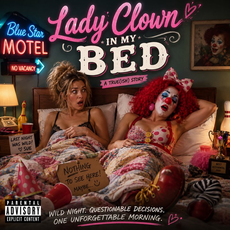 Woman in bed with a clown, neon "Lady Clown in My Bed" poster behind them.