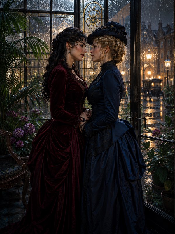 Two women in vintage Victorian dresses face each other in a rain-dappled glass conservatory.
