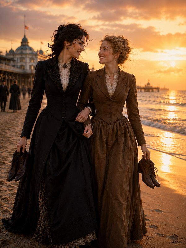 Two women in Victorian-era dresses walking along a sunset beach, each holding her shoes.