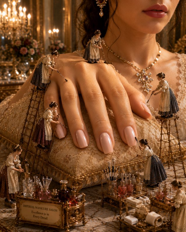 Close-up of a woman's hand with tiny dolls performing a manicure in an ornate vintage salon.