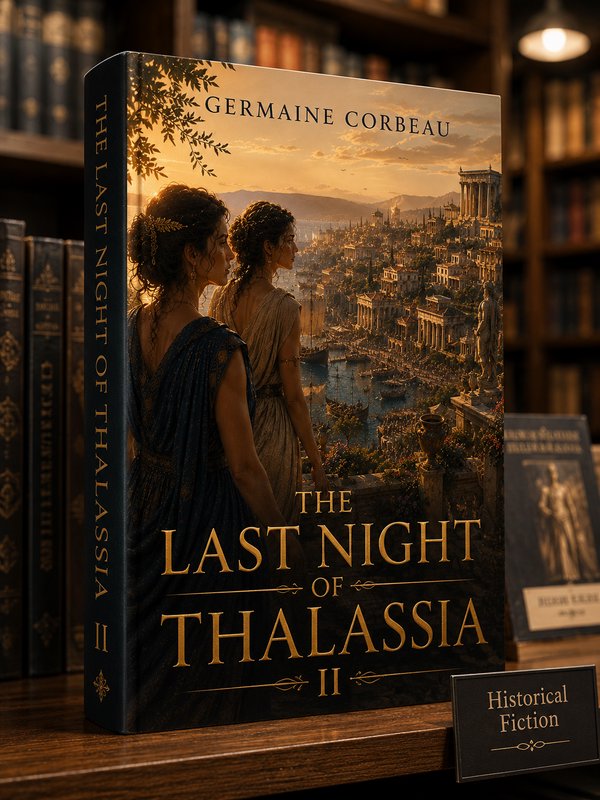 The Last Night of Thalassia II book on a shelf, two women gazing over an ancient city at sunset.