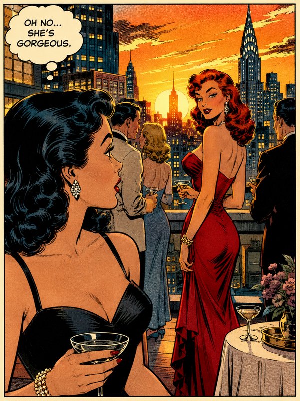 Glamorous woman in black dress at a rooftop cocktail party as another in red gown gazes over the NYC skyline.