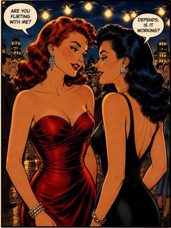 Two glamorous women in red and black dresses flirt at a night-time party under string lights.