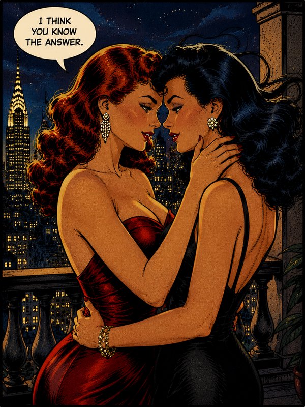 Two glamorous women in red and black gowns embrace on a balcony at night with a sparkling city skyline behind them.