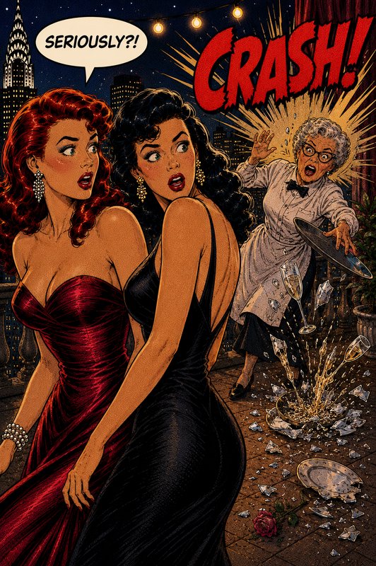 Glamorous women in red and black dresses react as an elderly waitress crashes with broken glass in a retro comic scene.