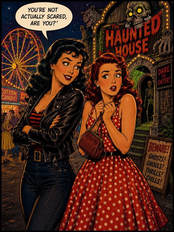 Two stylish women in retro outfits stand outside a haunted house carnival at night.