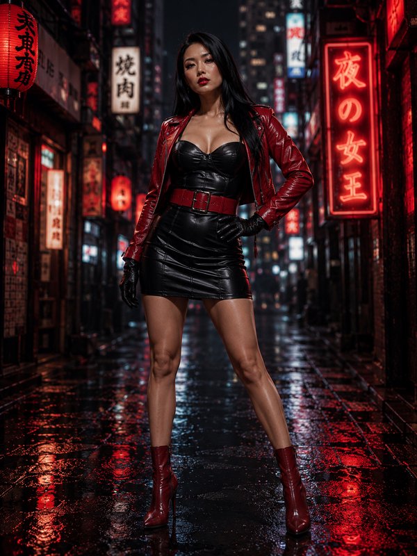 Woman in red leather jacket and black mini dress standing in neon-lit urban alley at night