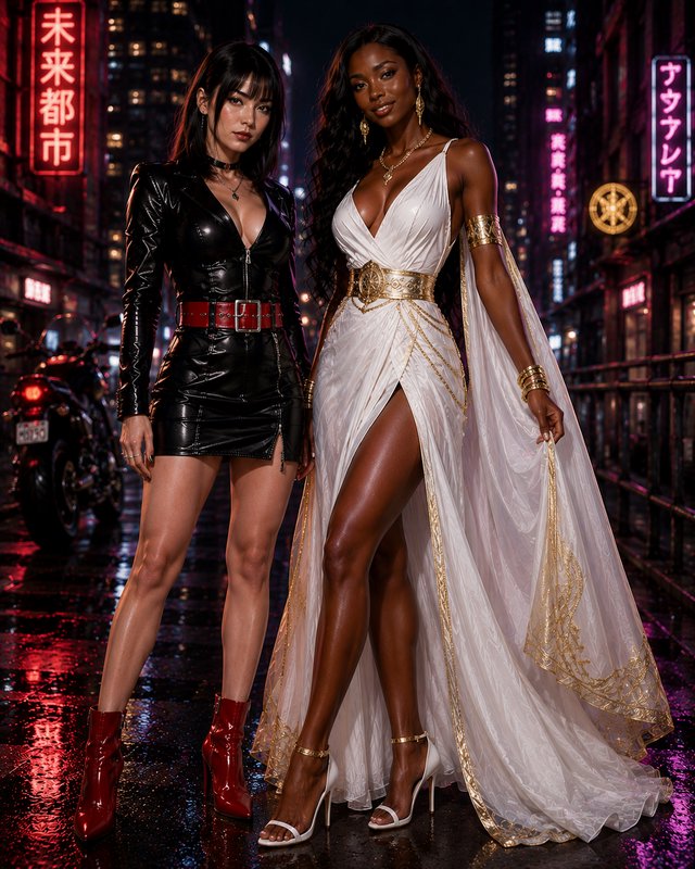 Two women in neon-lit city street at night, one in a black leather mini dress with red boots and the other in a white flow...