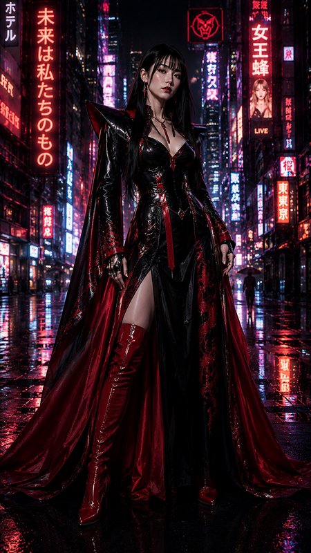 A gothic cyberpunk woman in a black-red corseted gown with a dramatic cape stands in a neon-lit city street at night.