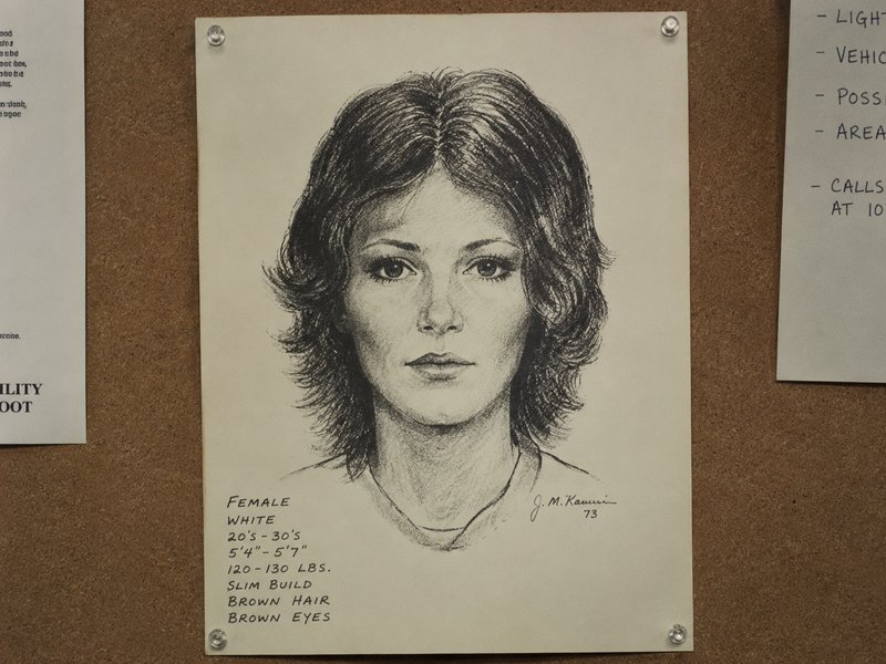 Pencil portrait sketch of a young woman with brown hair on corkboard.