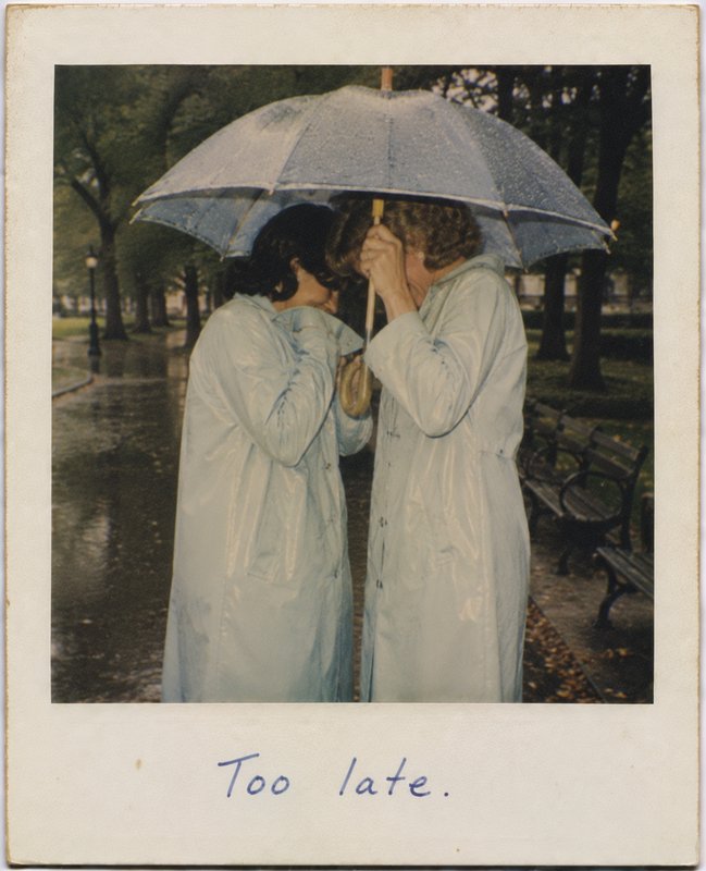 Two people in light blue raincoats sharing a kiss under a large umbrella in a rainy park.