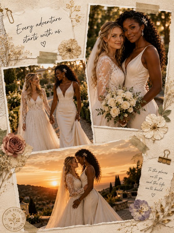 Two brides in ivory wedding gowns posing together in a sunset collage with bouquets and floral accents.