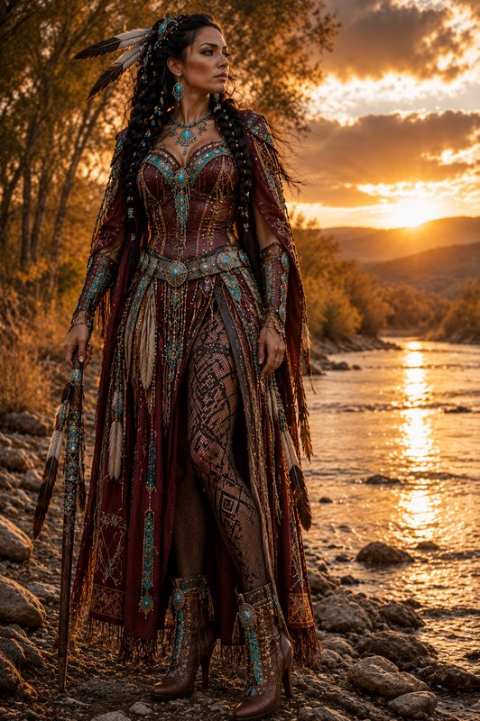 Woman in ornate turquoise-accented warrior costume with feathers by a sunset river