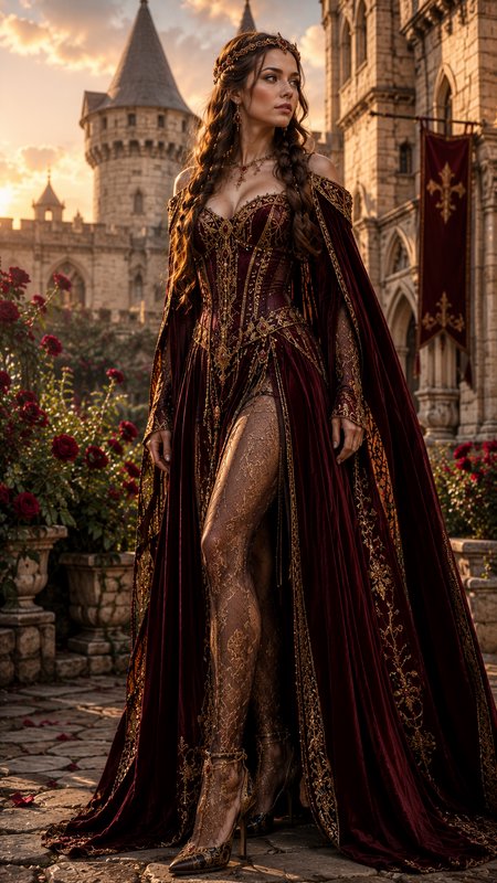 Woman in a burgundy medieval gown with gold embroidery and cape in a castle courtyard at sunset.
