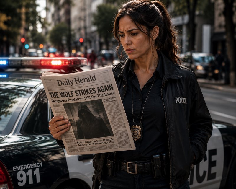 Police officer reading a newspaper beside a police car on a city street.