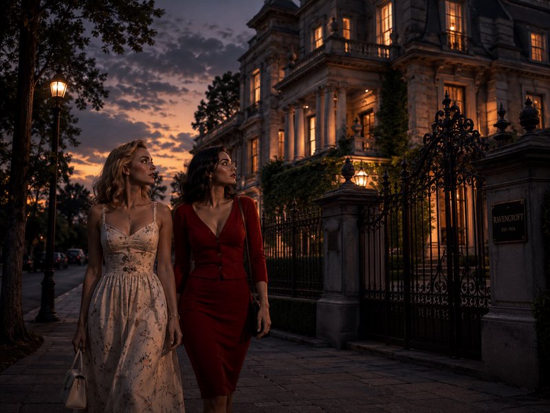 Two stylish women stroll past an ornate historic mansion during warm sunset twilight.