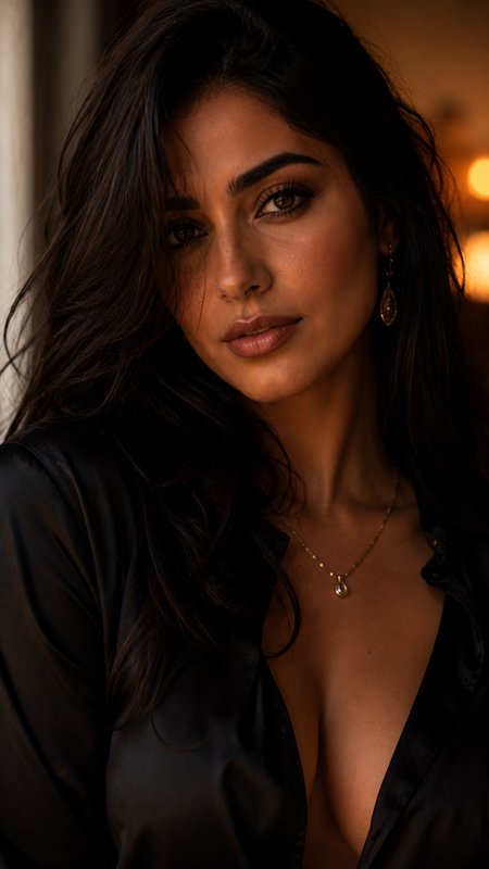Close-up intimate portrait of a woman with long dark hair, gold jewelry, and a black silk top lit by soft warm golden light.