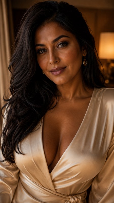 [Elegant South Asian woman with long wavy dark hair wears a champagne satin dress, soft warm indoor portrait]
