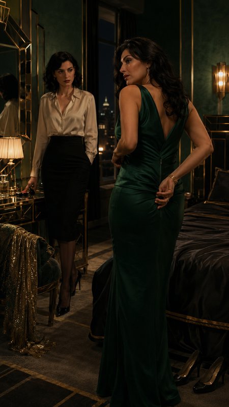 Two elegant women in a gilded art deco bedroom at night, the foreground woman in a deep emerald silk gown glancing over