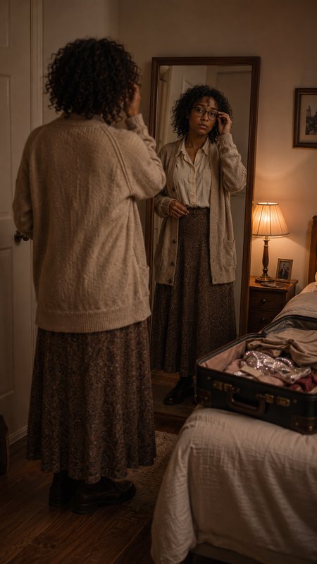 Woman adjusts her glasses while checking her reflection in a full length mirror, open packed suitcase resting on a nearby ...