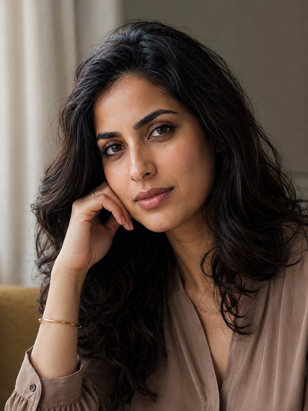 Close-up portrait of a thoughtful South Asian woman with wavy dark hair resting her cheek on her hand, looking at the viewer.