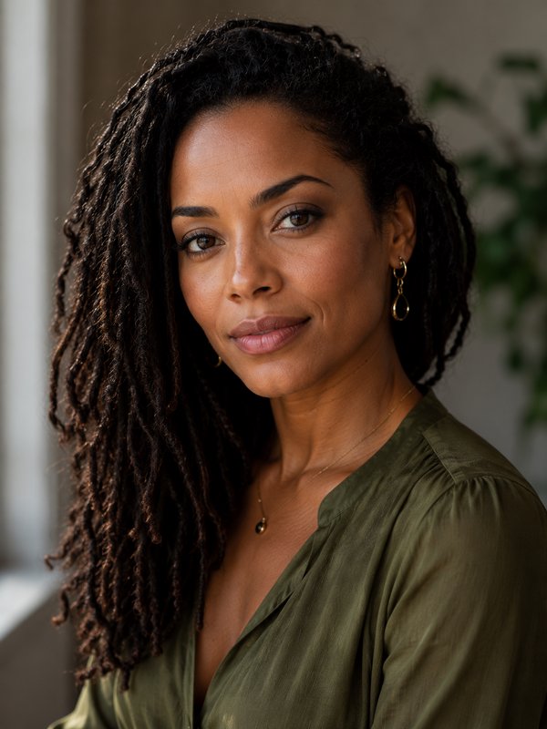 Close-up portrait of a calm Black woman with dark locs, olive green blouse, soft natural indoor window lighting.