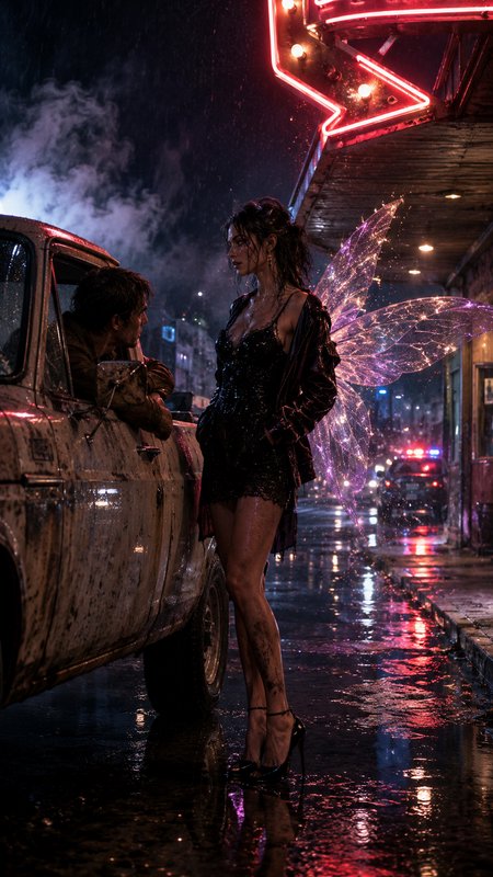 Winged fairy woman with glowing translucent purple wings talks to a man in a muddy truck on a rain-soaked neon city