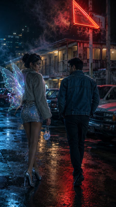Woman with iridescent glowing fairy wings glances back while walking with a man on a wet neon-lit night city street