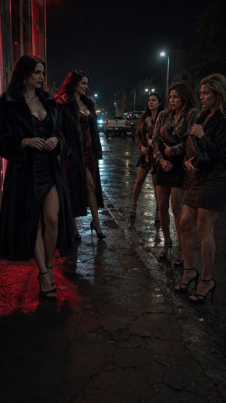 Group of stylish women in evening wear stand on a glistening wet city sidewalk under moody nighttime street lighting.