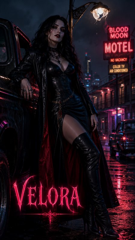Gothic dark fantasy woman leans on a vintage car on a rainy neon-lit roadside outside the Blood Moon Motel, with