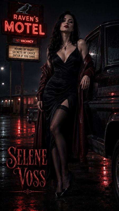Glamorous gothic woman leans on a wet car outside glowing Raven's Motel neon sign on a rainy dark night, with Selene
