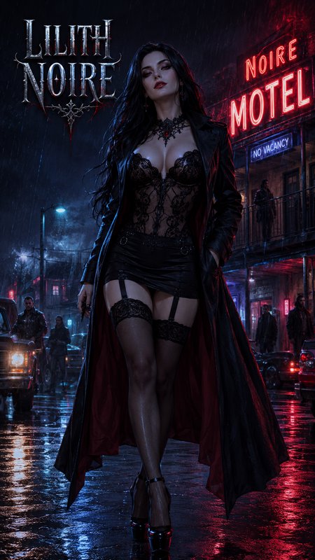 Illustration of gothic femme fatale Lilith Noire walking a rain-soaked neon-lit motel street at rainy night.